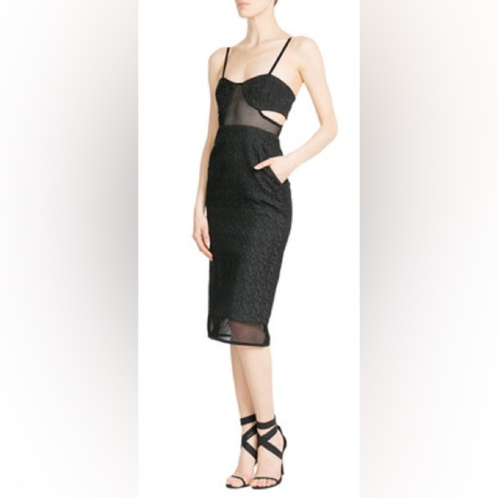 Jonathan Simkhai Textured Black Mesh‎ Netting Cutout Spaghetti Strap Midi Dress